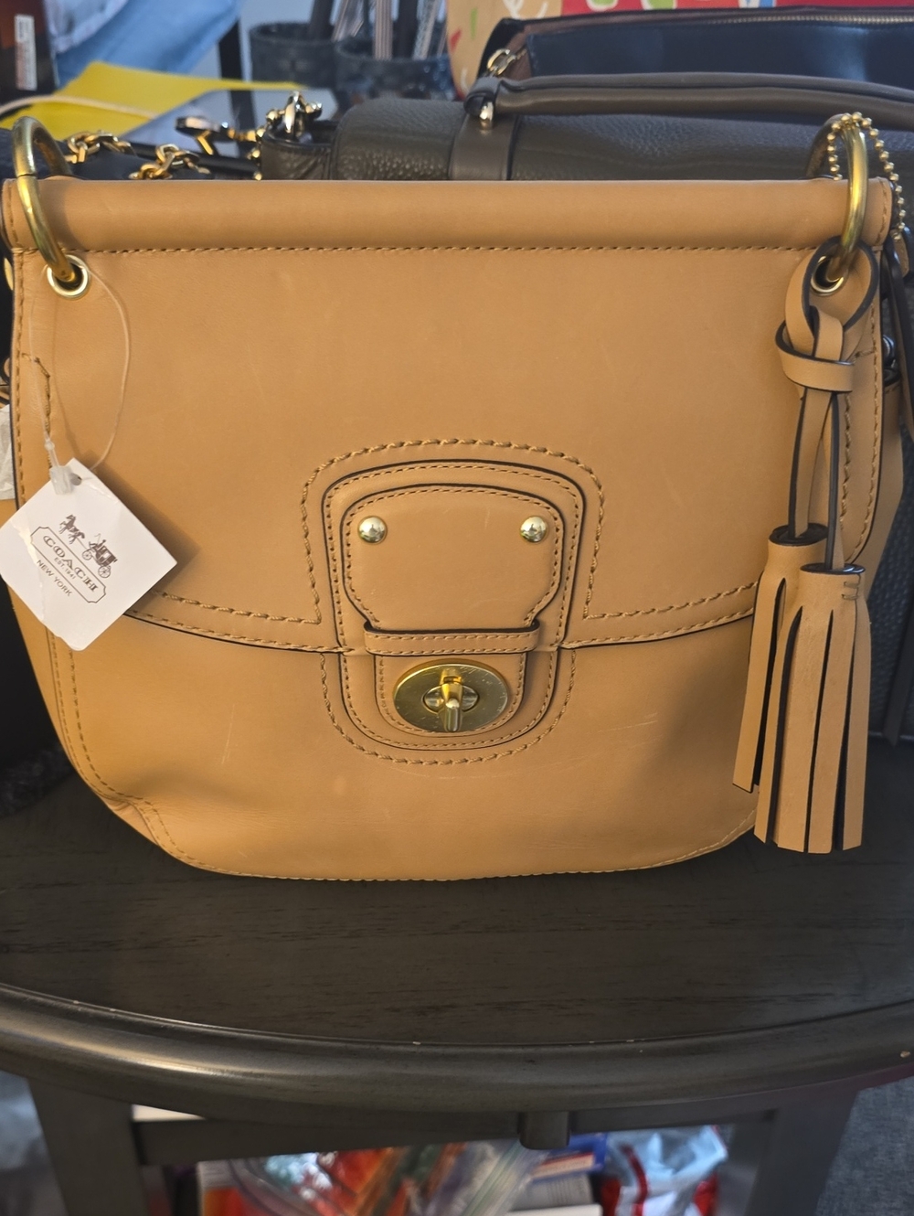 Coach Tan Leather Turnlock Shoulder Bag with Tassel Accent